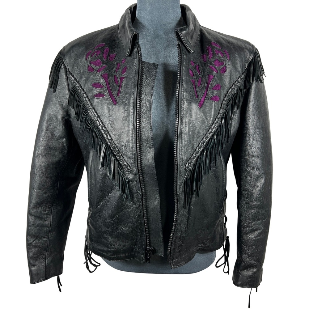 UNIK Leather Fringe Biker Jacket Small Black Purple Rose Inlay Motorcycle Goth - Picture 13 of 15